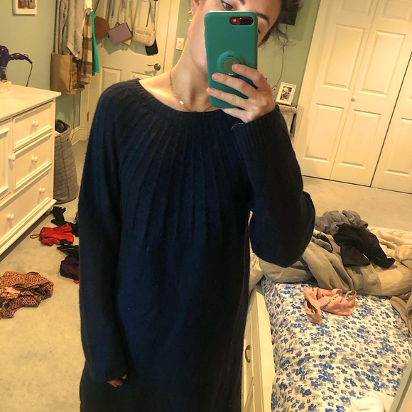 Blue sweater dress with plaid bow in back - Picture 2 of 2